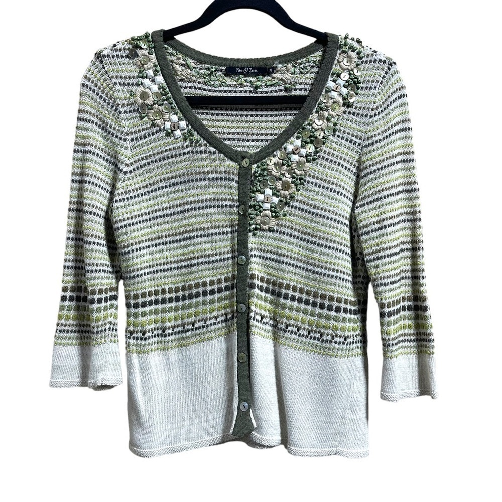 Nic + Zoe Beaded Embroidered Cardigan 3/4 Sleeve Tight Knit Women's Size Medium